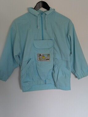 ​Vintage 80s 90s Pastel Light Blue Map Graphic Windbreaker Jacket Size 10